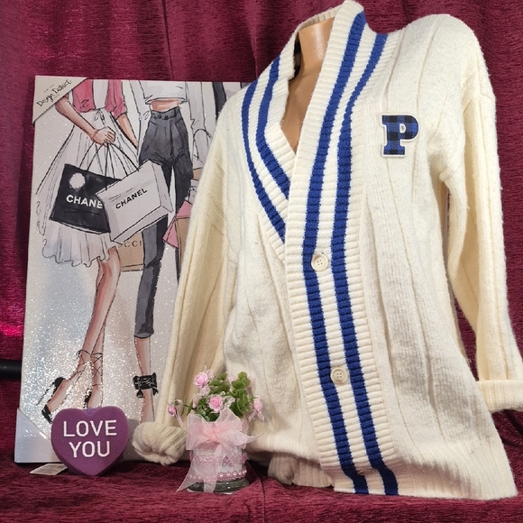 PINK Victoria's Secret Sweaters - VICTORIA'S SECRET Cream Cable-Knit Cardigan with Blue Stripe and 'P' Patch NWT